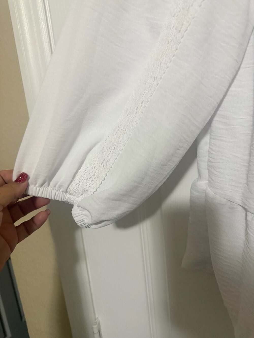 Inner Circle White Lace-Trim Peplum Blouse with 3/4 Puff Sleeves - Picture 4 of 5